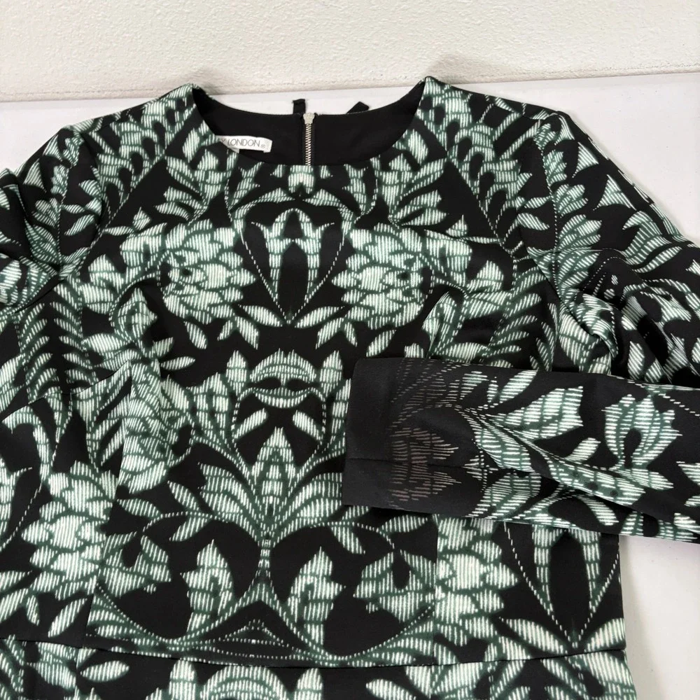 Maggy London Sheath Dress Womens 12 Black Green Damask Floral Long Sleeve Goth